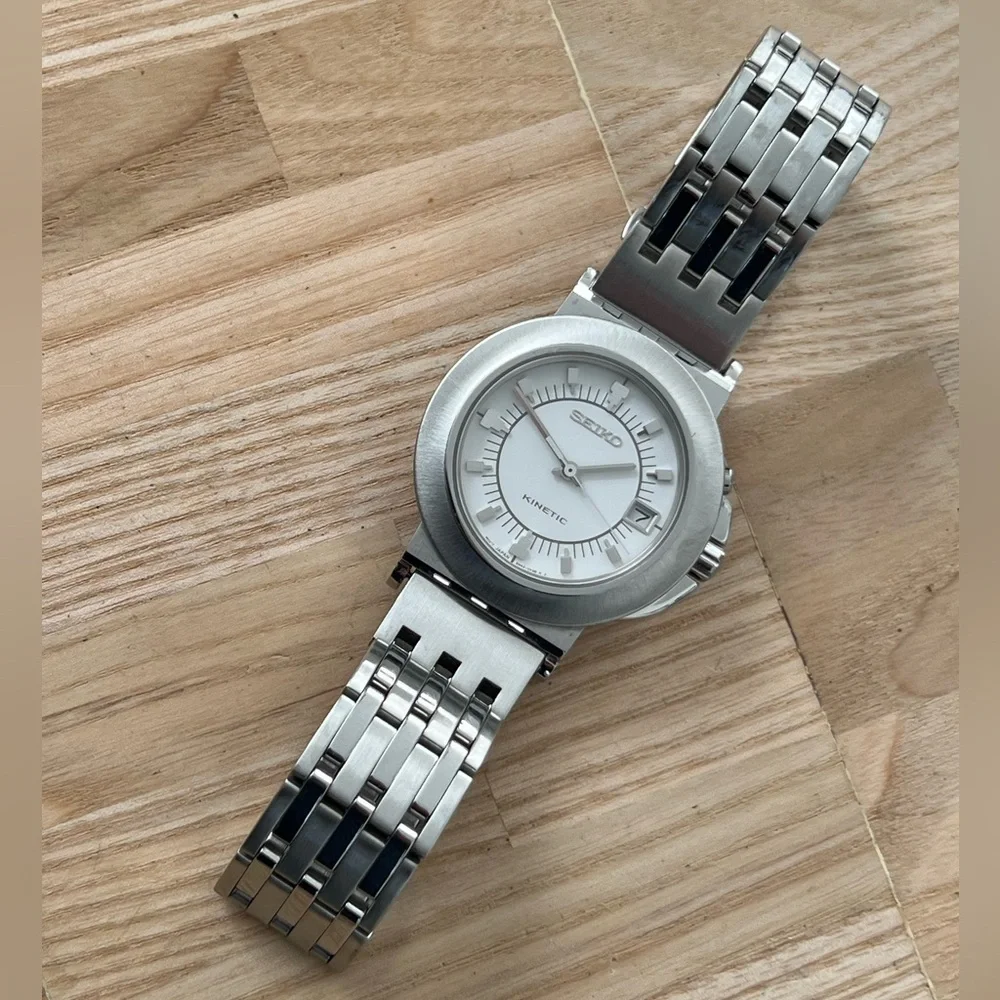 Seiko Kinetic Super Rare Automatic Watch White Dial Stainless Bracelet Dial